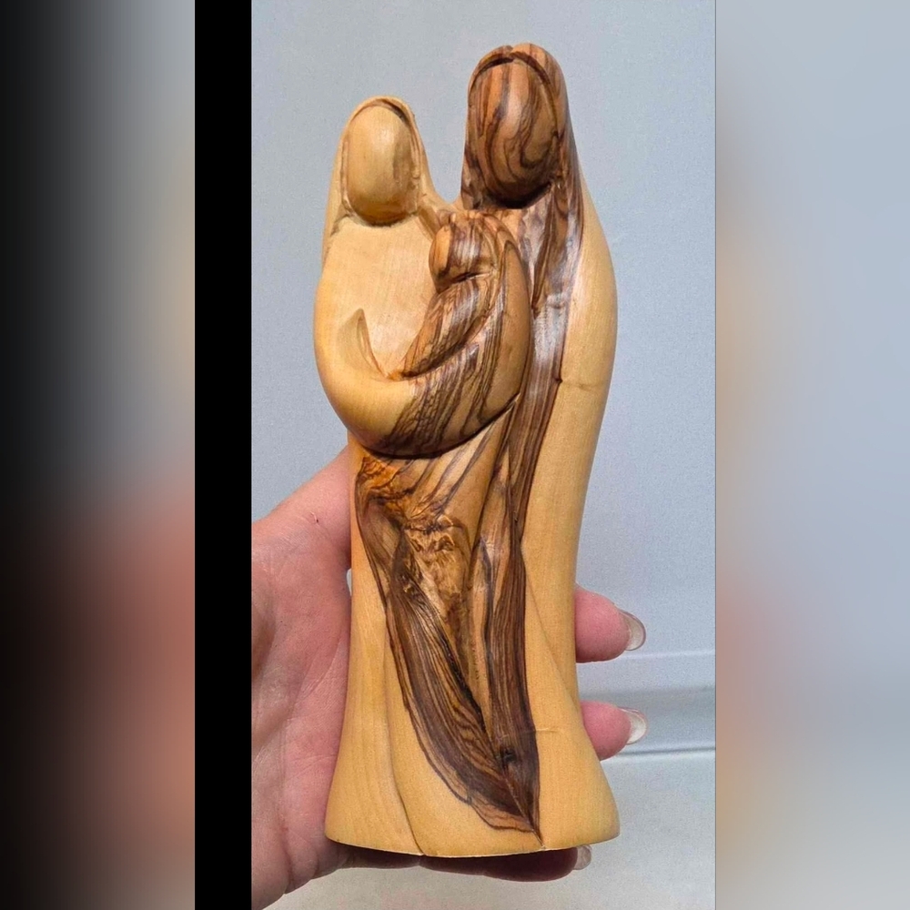 Hand-Carved Olive Wood Holy Family Jesus Mary Joseph Statue 6.5 x 4" Sculpture